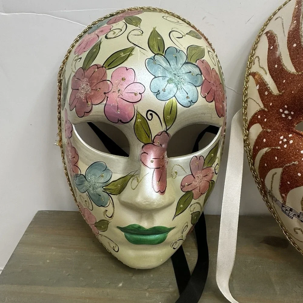 Lot Of 2 Venetian Mardi Gras Mask MASQUERADE CARNIVAL PARTY Floral Hand Painted